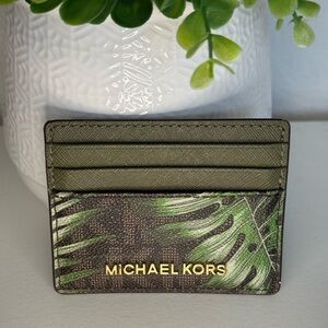 Michael Kors Slim card holder wallet, green, tropical palm leaf